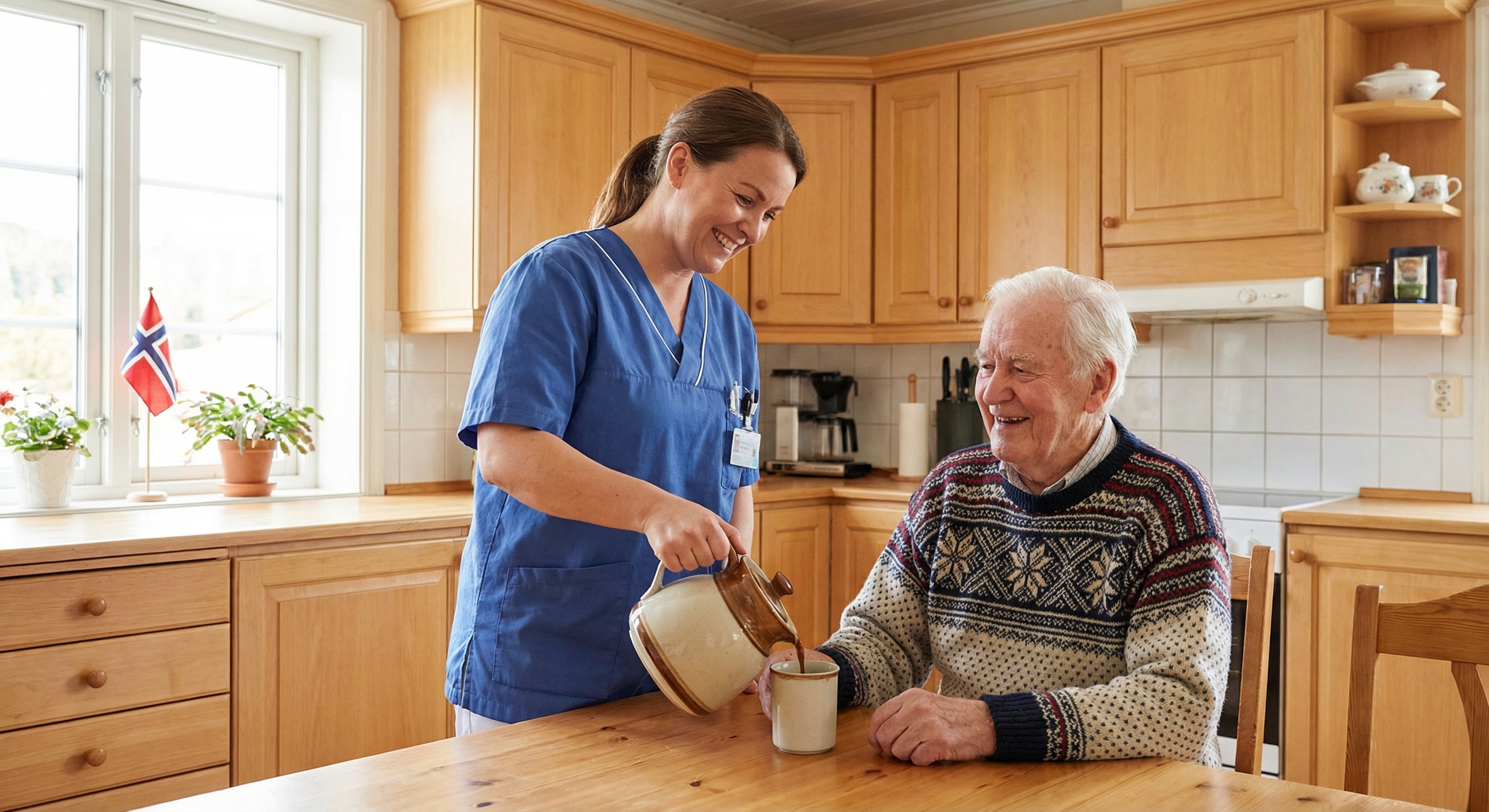 Hjemmesykepleier hjelper eldre mann